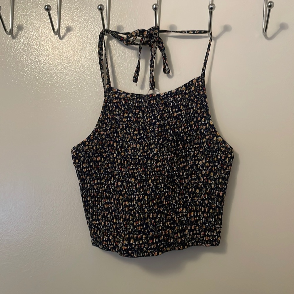 Timing, Navy blue with Flowers, Size: Medium, halter Cropped.